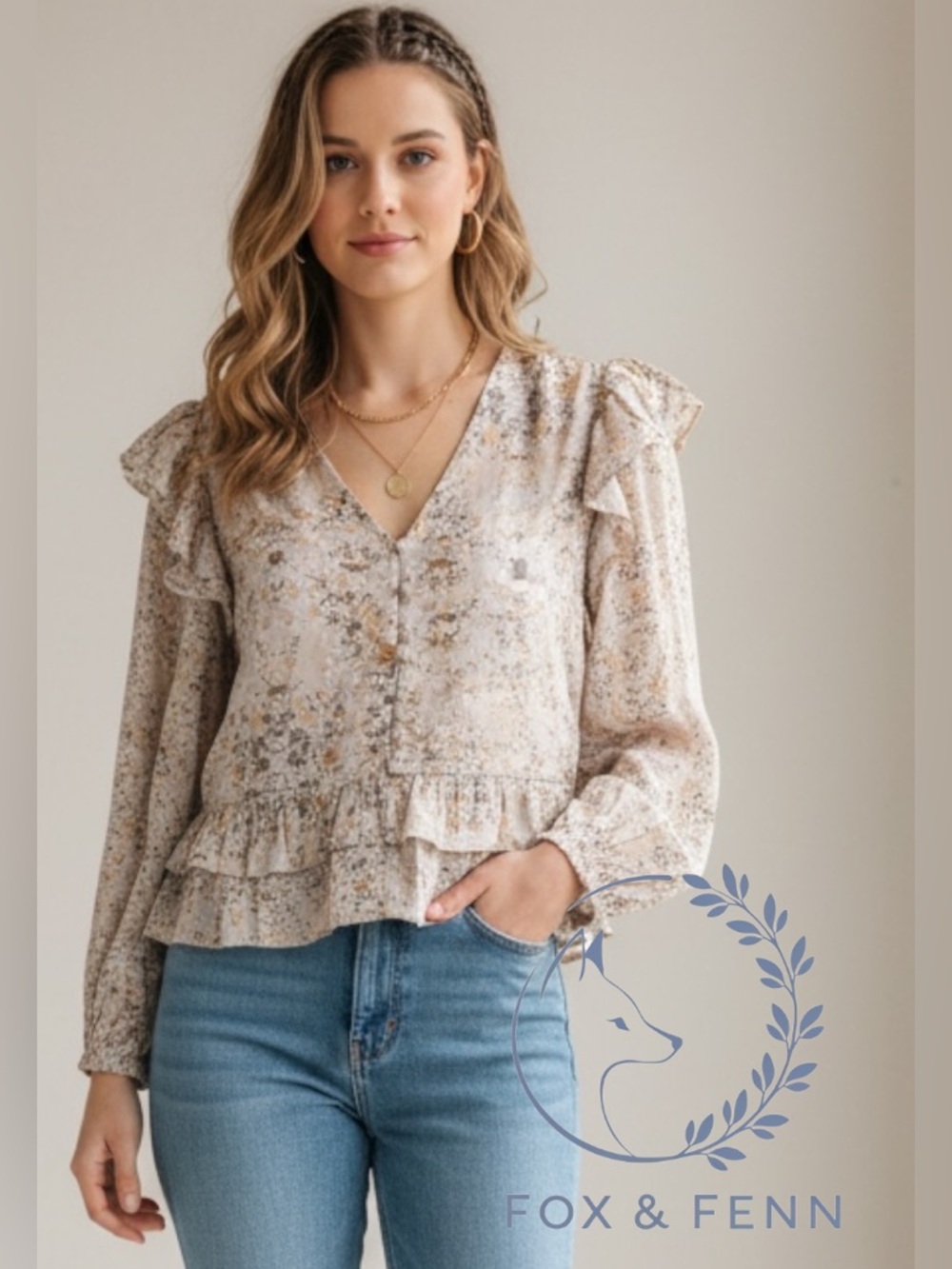 Promesa Womens Floral V-Neck Ruffle Peplum Long Sleeve Blouse Tan Cream NWT
